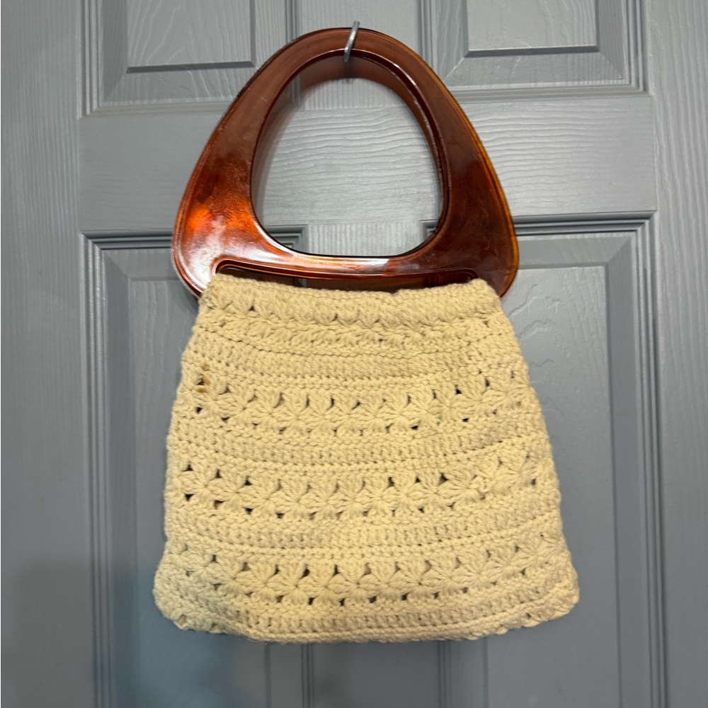 Vintage Crochet Handbag Cream Knit Amber Tortoiseshell Resin Top Handle Bag